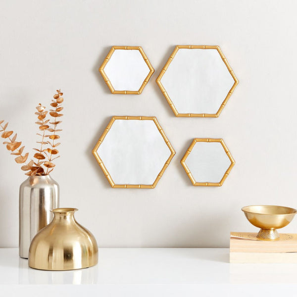 Wall Mirror Set 4 Piece Hexagon Decorative Wall Hanging Mirror Set