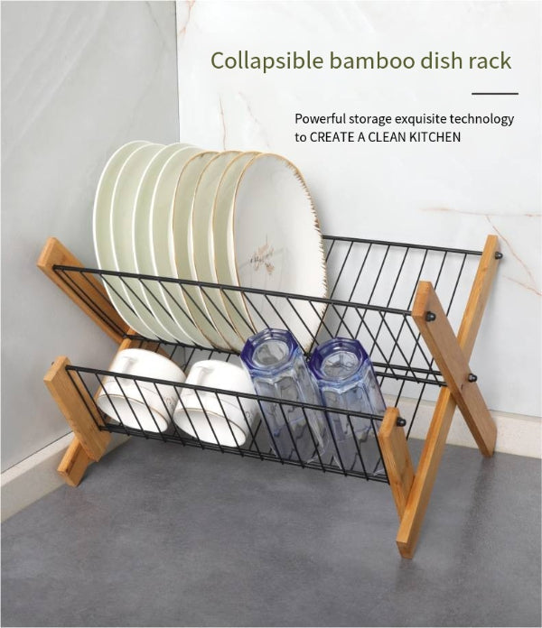 Dish Drying Rack Bamboo Dish Rack Folding 2 Tier Collapsible Drainer Dish Drying Rack