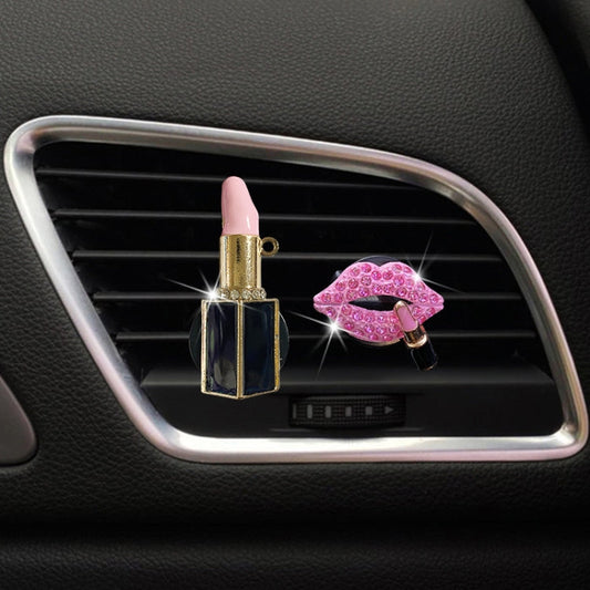 2pcs Set Lipstick Diamond Encrusted Car Air Vent Aroma Diffuser Clip Pink